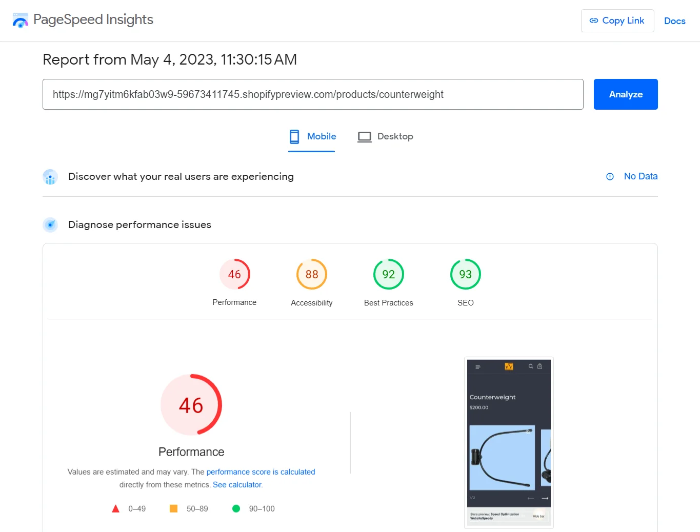 PageSpeed Insights Mobile report showing a performance score of 46.